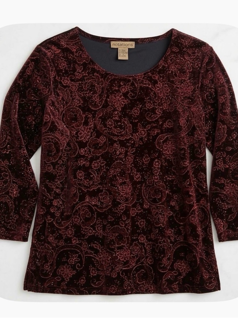 NOTATIONS Glitter Floral 3/4 Sleeve Pullover Velvet Top, Women’s L, Burgundy